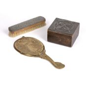 Arts & Crafts Pewter lidded box, a similar brush and an Art Nouveau brass handheld mirror (3)