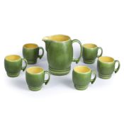 Bretby pottery Lemonade set, yellow and green colourway, consisting of one pitcher and six cups, Art