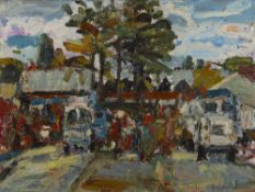 Christopher Johnson (b.1961) 'Bus stop, Marondera, Zimbabwe' oil on canvas, dated 1994 to the
