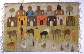 20th Century North African Tapestry wall hanging, depicting a village and livestock, unsigned,