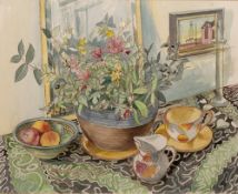 Richard Bawden (b.1936) 'Still life with chrysanthemums' watercolour, signed in pencil lower
