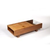 Habitat walnut veneered coffee table with glass inset panel, 110cm x 31cm x 55cm
