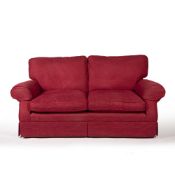 Contemporary two seater sofa in raspberry fabric upholstery, 175cm x 86cm x 79cm