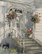 Jeremy Duncan (Contemporary) 'Untitled Cheltenham white doorway with hanging baskets' watercolour,