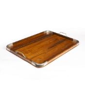 20th Century continental walnut tray with applied metal corners and handles, unmarked, 63cm x 45cm