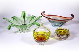 Josef Hospodka (Czechoslovakian) for Chribska glass Green and orange glass basket, unsigned, 20.