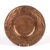William Henry Mawson for Keswick School of Industrial Arts copper dish, with embossed floral border,