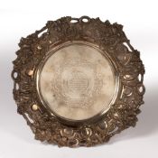 Victorian silver presentation dish with loaded base and dedication to the centre, bearing marks