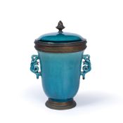 Turquoise porcelain two handled cup Chinese, with gilt metal mounts, 19cm high Condition: some