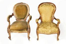 Walnut ladies and gentlemen's chairs Victorian, with silk damask upholstery Condition: both in