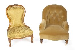 Button upholstered armchair Victorian, on walnut supports with castors and one other Victorian