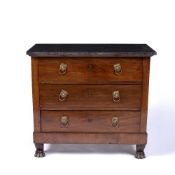 Mahogany and marble top commode French, 19th Century, fitted three drawers with lion mask ring