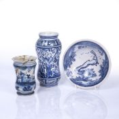 Blue and white potter albarello Portuguese, 18th Century, 21cm, a Naples small albarello, 13.5cm and