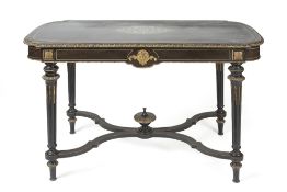 Ebonised French style centre table 19th Century, with gilt metal mounts, of oval form on fluted