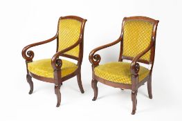 Pair of mahogany armchairs French Empire period, with scroll arms and supports, 58cm wide, 94cm high