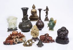 Group of Chinese pieces to include a bronze vase with dragon 23cm, four pieces of soapstone, a