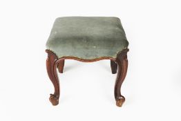 Rosewood square upholstered stool 19th Century, on shaped carved supports, 42cm across, 40cm high