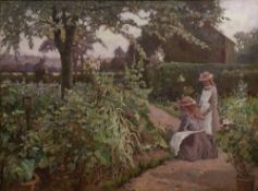 John Frederick Warne (1847-1932) 'Children in a garden', signed, oil on canvas, 49cm x 68cm, and a