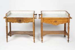 Near pair of oak and walnut marble top washstands Scandinavian, 19th Century, each with a raised