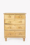 Pine chest of drawers on turned feet, 79cm wide, 40cm deep, 104cm high Condition: overall wear,