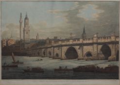 After Joseph Farington (1747-1821) Coloured aquatint, 'View of London Bridge, including the church