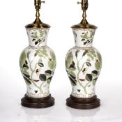 Pair of contemporary table lamps continental porcelain, with painted decoration of leaves and