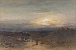 After D Cox Drover and haycart at sunset, watercolour, 16cm x 25cm, a 19th Century watercolour study