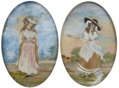 Pair of oval silk and gouache studies early 19th Century, depicting country figures in gilt oval