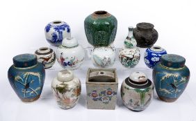 Group of Chinese and Japanese ceramics to include a pair of lidded cloisonne ginger jars 19.5cm, a