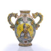 Montelupo polychrome pottery syrup jar Italian, dated 1675, painted with a cardinal within a foliate