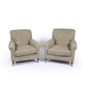 Pair of Lee Industries armchairs in the Howard style, with green striped upholstery, and labels