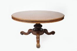Mahogany large circular dining table on central pedestal with carved scroll supports, 155cm diameter