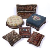 Two tapestry footstools Victorian and four kelim cushions, the largest 42cm x 32cm (6)