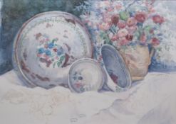 Dalina Parton (XX) Still life of a various bowls and a jug of summer flowers, watercolour, signed,