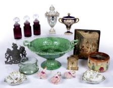 Collection of ceramics and glassware to include: green glazed majolica tazza with leaf moulded