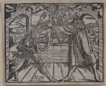 Heinrich Holzmuller Two kings wrestling for a crown, woodcut, illustration to the Latin edition of