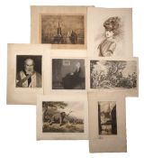 Group of unframed prints including after J A McNeill Whistler 'Whistler's mother' 38cm square, after