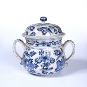 Delftware posset pot and cover circa 1720, probably London or Bristol, with panels of bird and