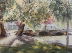 B A Crosby Stone footbridge at Bourton on the Water, watercolour, signed lower right, 44cm x 58cm