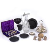 Collection of items to include: cut glass claret jug with white metal mounts,, silver plated egg