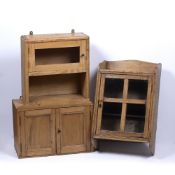 Three pine collectors cabinets fielded panelled door example measures 48cm x 37cm x 22cm, glazed