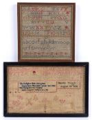 Two antique needlework samplers both worked in coloured threads, the alphabet sampler measures 20.