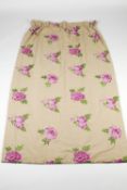 Two pairs of mushroom-ground curtains lined and embroidered with purple flowers, approximately 230cm