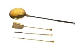 Engraved brass and iron warming pan 18th Century, 118cm long and three brass fire irons Condition: