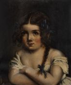 Late 19th Century English School portrait of a young girl, oil on paper, unsigned, 40cm x 33cm
