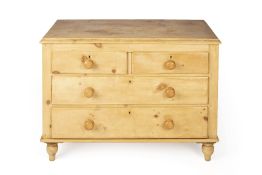 Pine chest of drawers on turned feet, 102cm wide, 46cm deep, 77cm high Condition: overall wear,