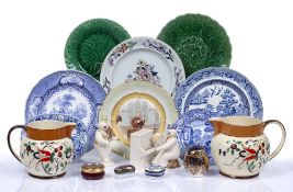 Collection of ceramics to include: Royal Crown Derby owl paperweight, two Wedgwood jugs by Hannah