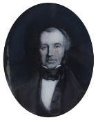 19th Century English School miniature portrait of a seated gentleman, painting on glass, unsigned,