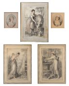 Group of five prints after Richard Cosway Regency period, Ackerman label to one, 29cm x 21cm