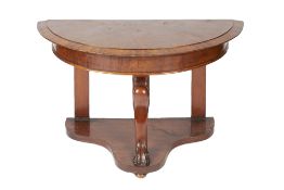 Flame mahogany demi lune hall table 19th Century, on carved support, 126cm wide, 56cm deep, 69cm